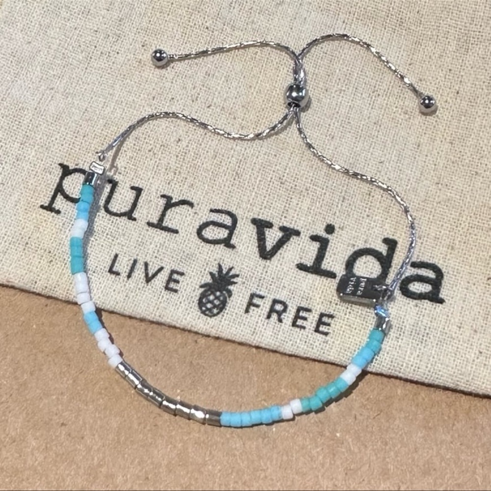 PURA VIDA Silver Slide Chain Turquoise, White Seed Bead Bracelet NEW! Stunning!